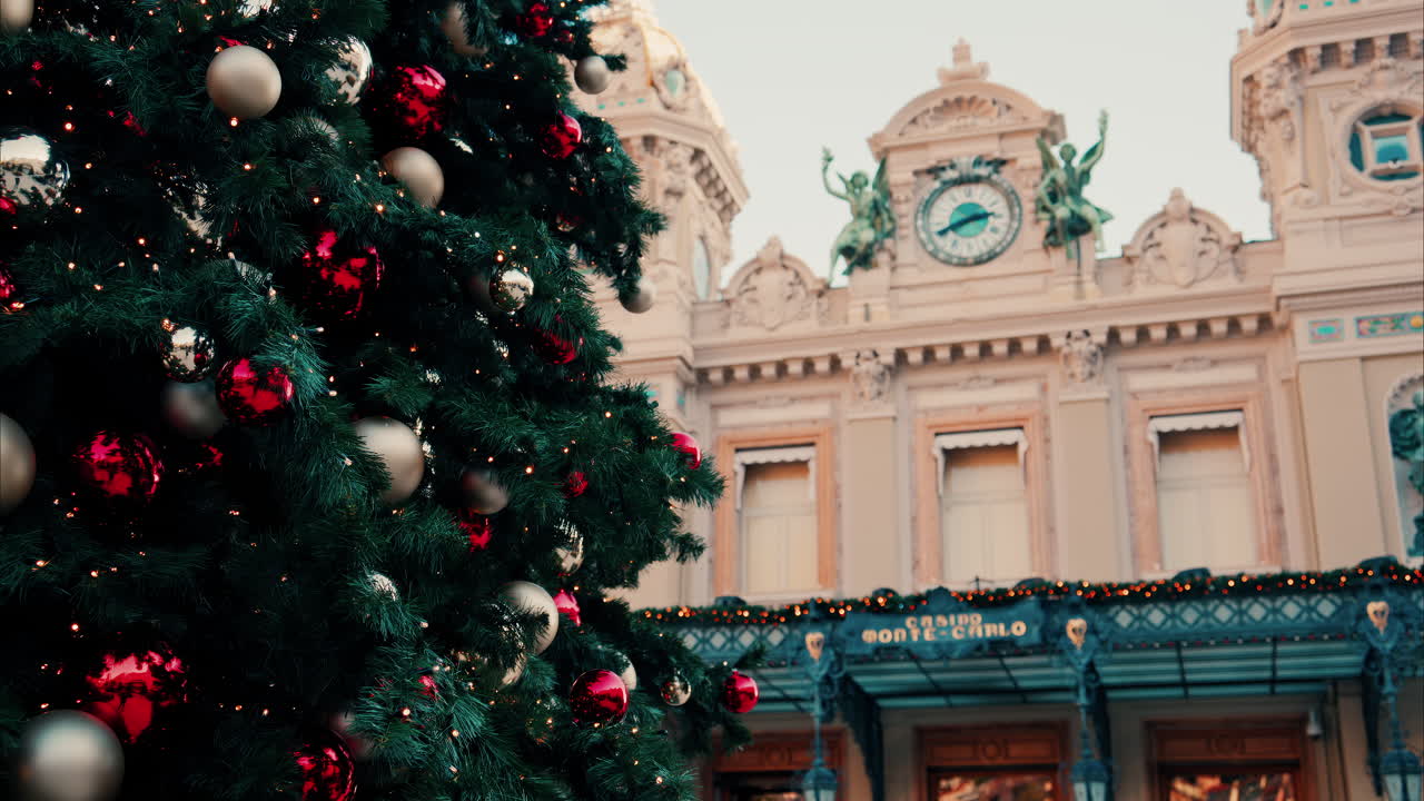 Close up of decorations on a Christmas tree in front of the Monte Carlo Casino in Monaco
