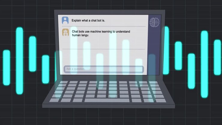 Animation of ai data processing, chat and icons over laptop screen