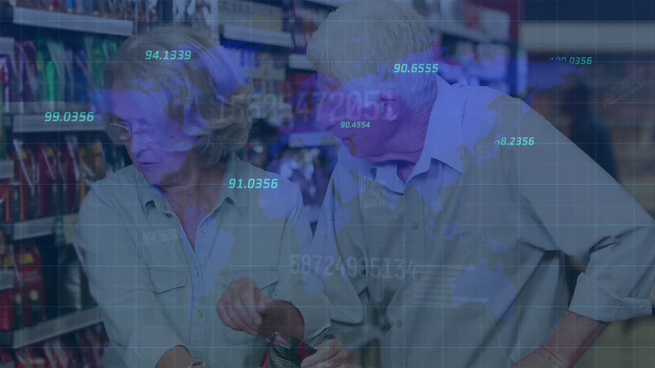 숫자 변경 및 금융 데이터 처리의 애니메이션, 노인 커플 쇼핑