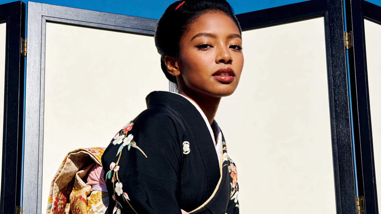 Photographer signaling, model turning head at studio folding screen, with black kimono and obi