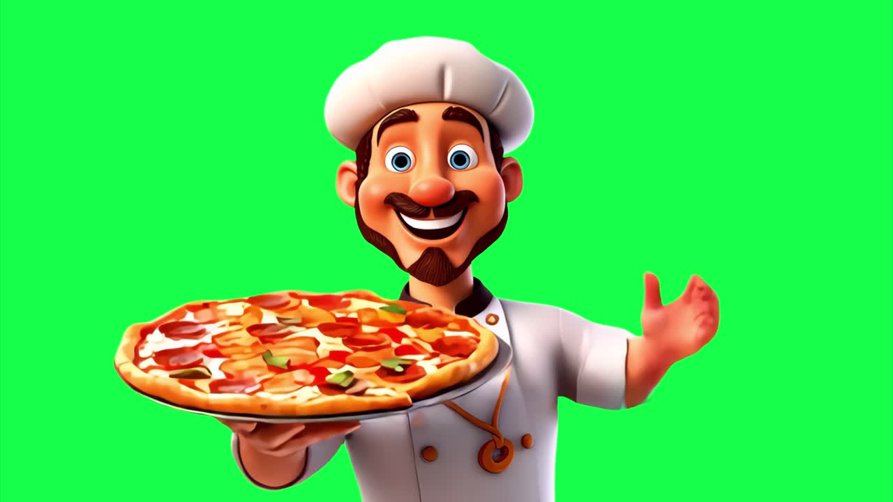 Animated chef holding pizza animation, transparent 4K video, green ...