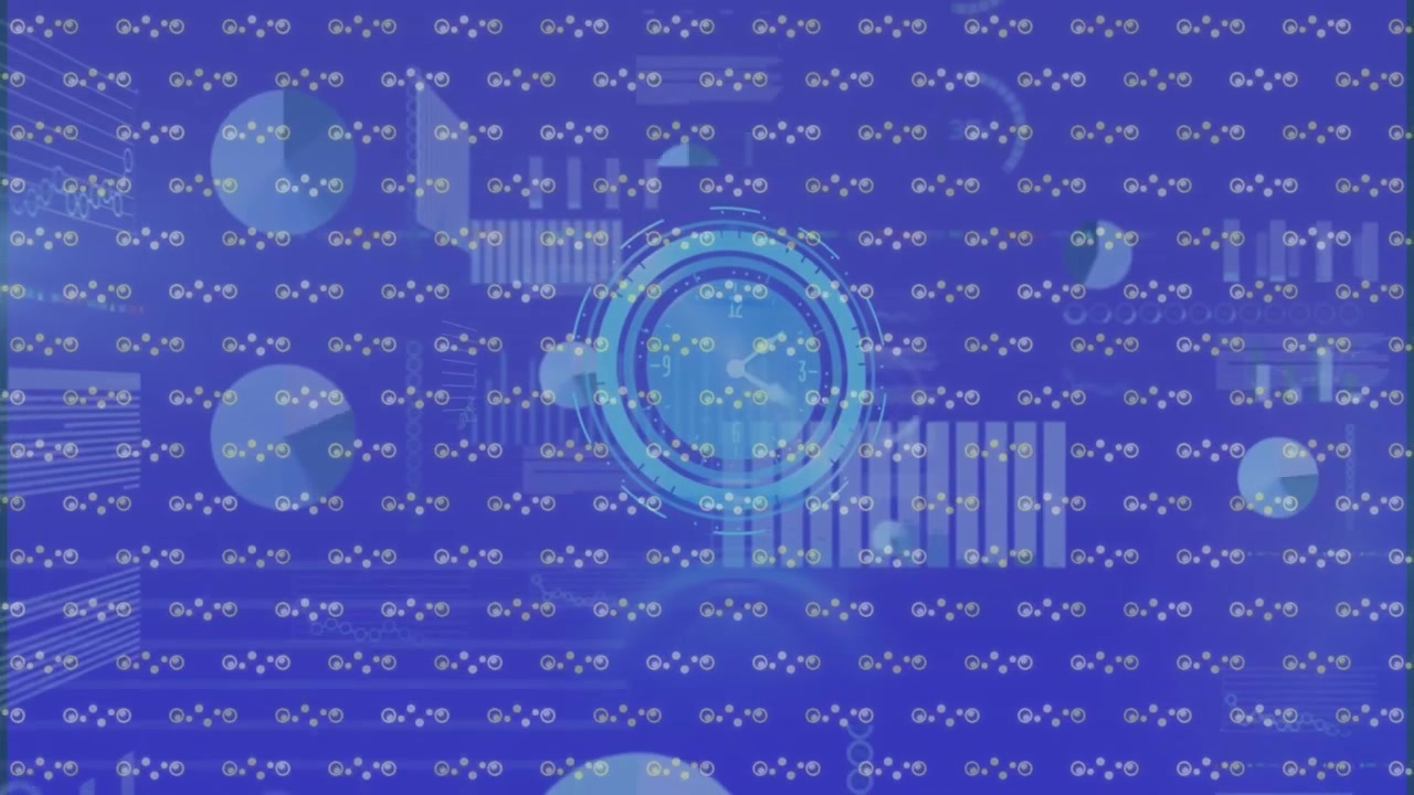 Animation of digital interface and moving clock over spots on blue background