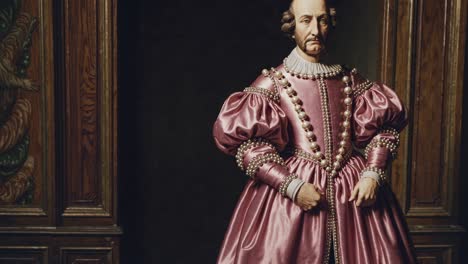 historical reenactment showing a nobleman posing in an elegant pink dress with pearl decorations, standing in a vintage room with wooden wall paneling