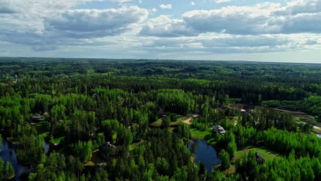 backwards drone dolley shot of a holiday park surrounded by trees in latvia