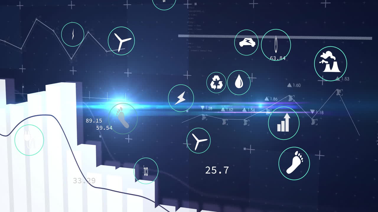 Animation of renewable energy icons overlaying financial data charts in presentation