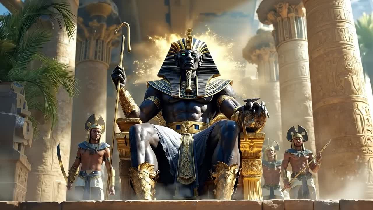 A statue of an ancient pharaoh sitting on top of a throne