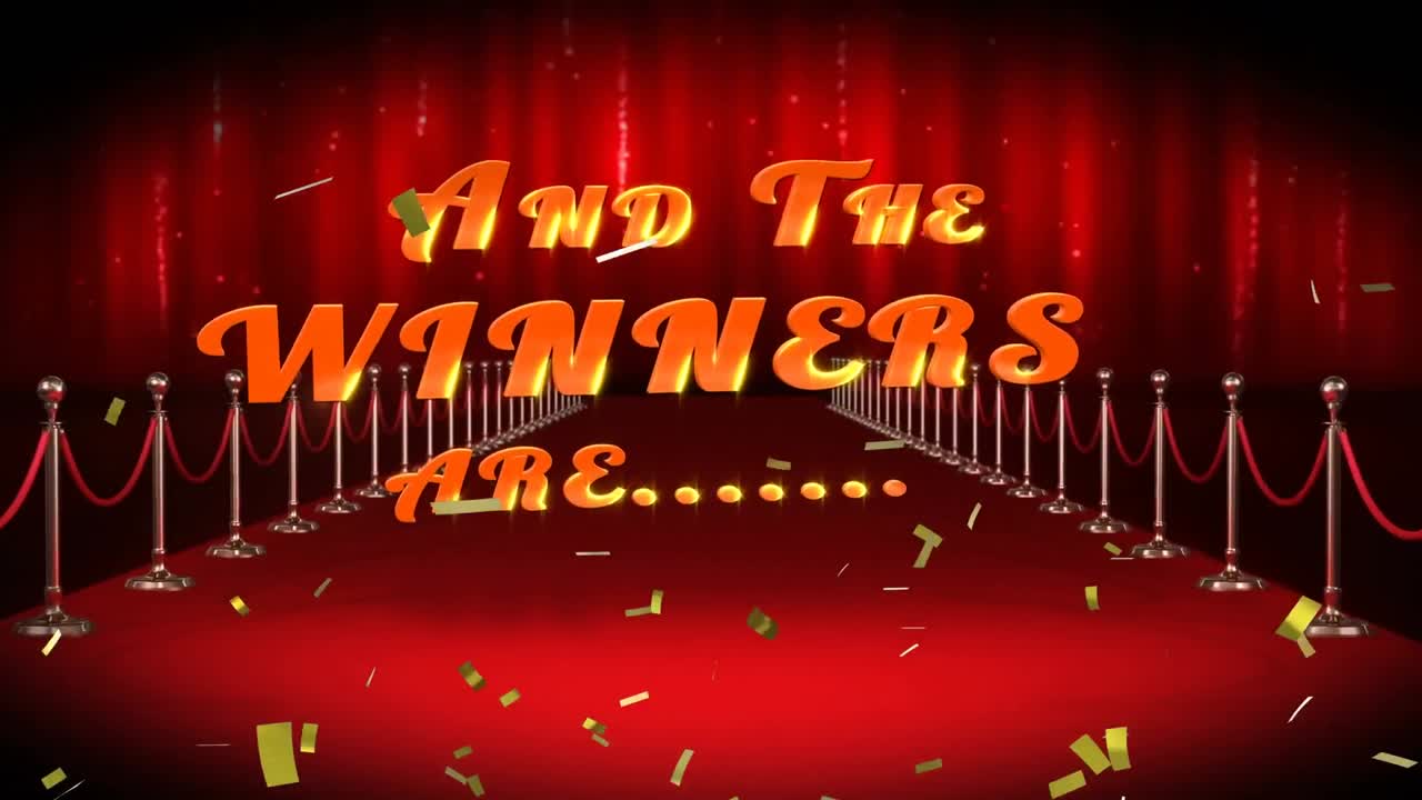 콘페티의 애니메이션이 넘어지고 우승자는 레드 카 ⁇  장소에서 텍스트입니다.