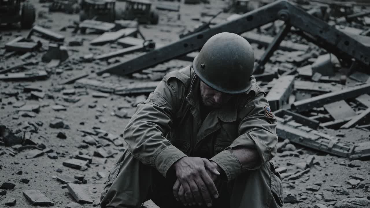 Depressed american soldier sitting on the ground after a bombing in a destroyed battlefield during World War II, suffering for the horrors of war