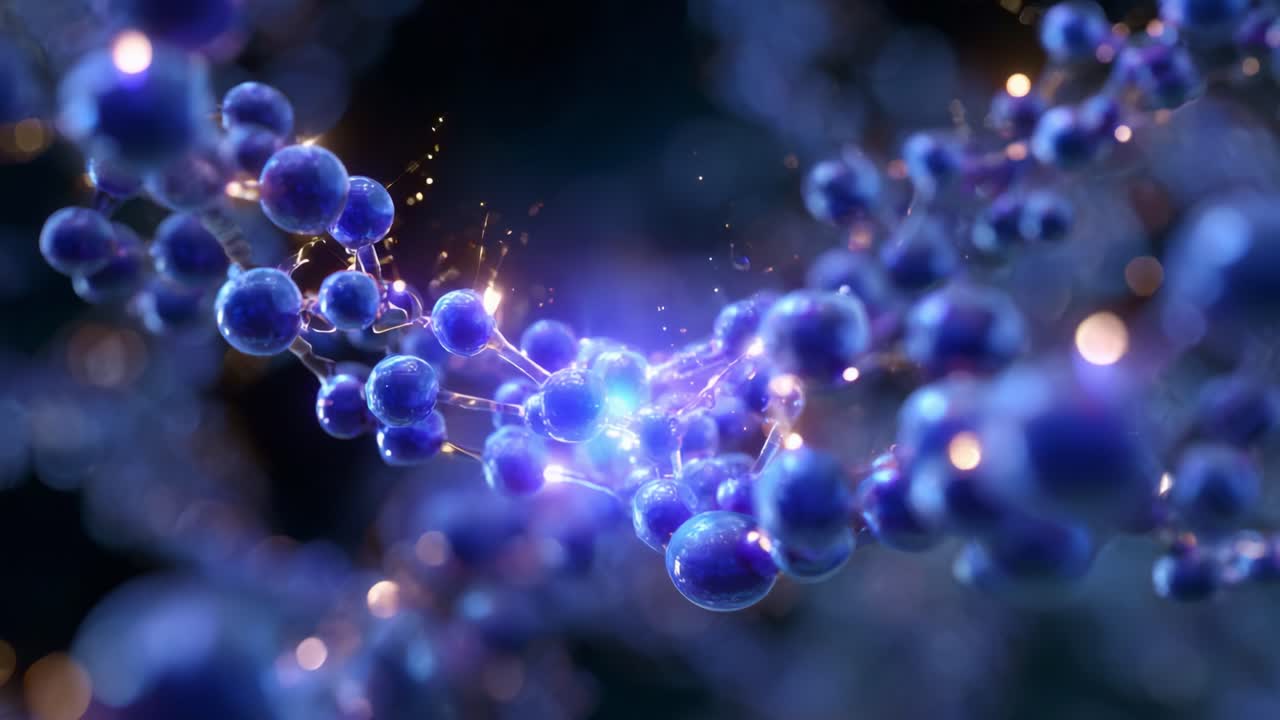 Spectacular Visualization of Molecular Structures Showcasing Intricate Blue Spheres Connected by Glowing Threads in a Dark Background of Cosmic Depths