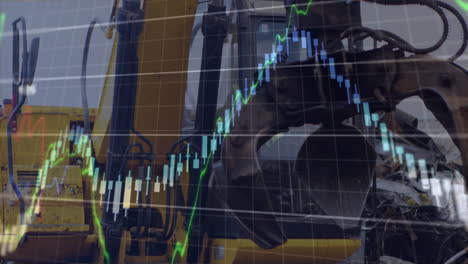 animation of multiple graphs with changing numbers, caucasian worker operating crane in junkyard