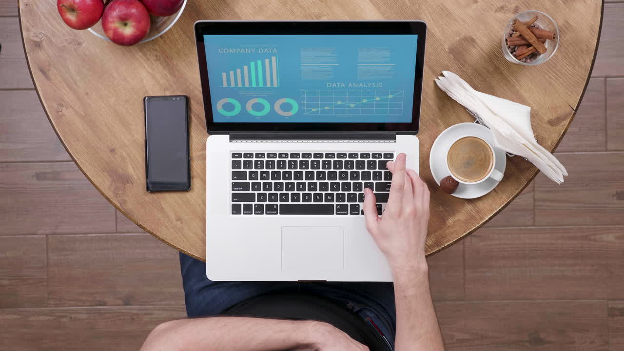 Overhead view of a person working on a laptop with coffee and data analysis on the screen