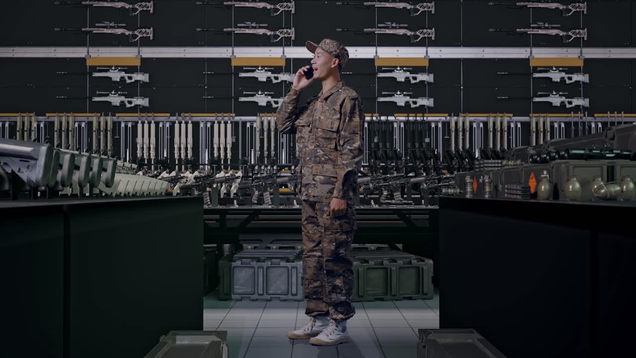 Vista laterale di un soldato asiatico che parla al telefono e si guarda intorno in un arsenale militare