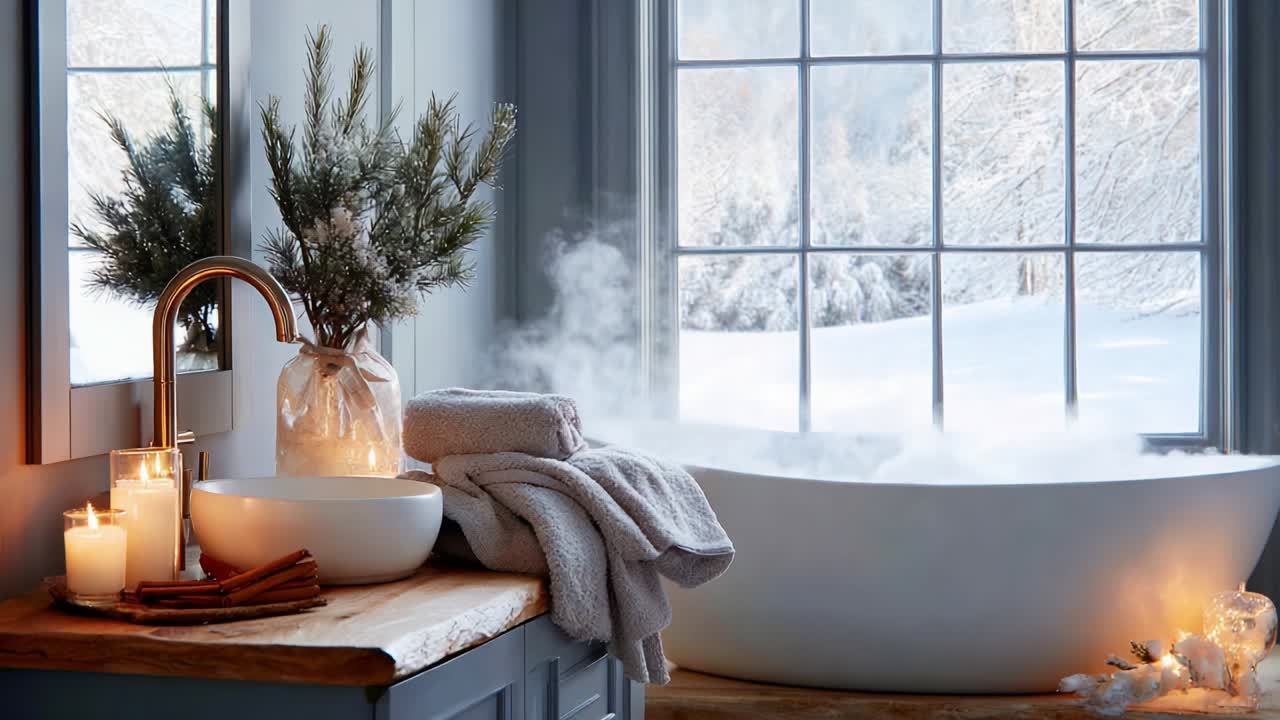 Serene Winter Bathroom Oasis Featuring a Cozy Bathtub Surrounded by Candlelight and Frosted Window Views, Creating an Inviting Atmosphere for Relaxation during the Cold Season