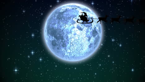 animation of santa claus in sleigh with reindeer over moon and stars