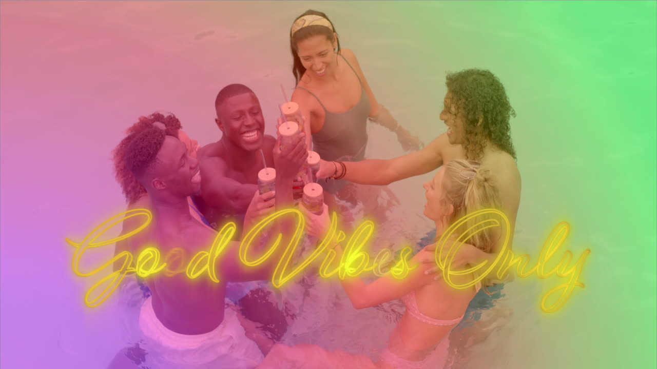 Good Vibes Only text animation over friends enjoying drinks in swimming pool