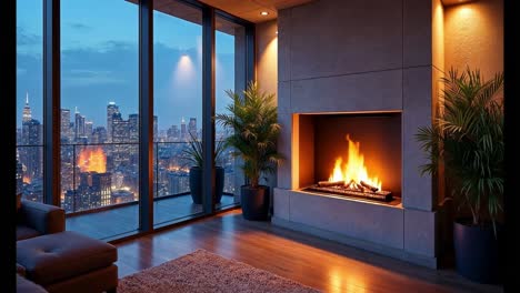 apartamento de lujo con vista a la ciudad sala de estar con chimenea