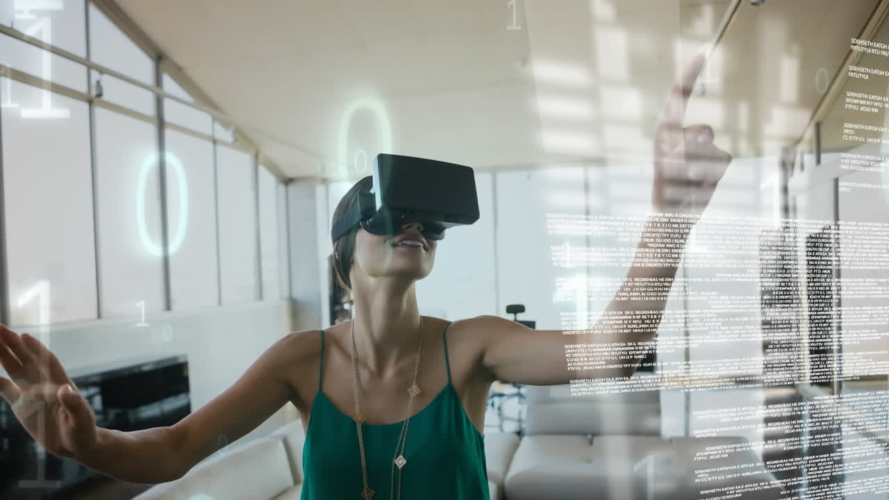 usando auriculares de realidad virtual, mujer interactuando con datos digitales y código binario