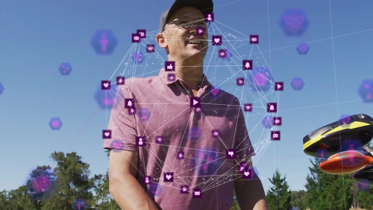 Removing cover golfer holding cart and preparing swing, purple icons forming around torso for tech