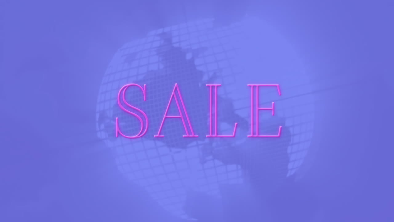 희미한 세계 윤과 함께 보라색 배경에 판매 텍스트 애니메이션