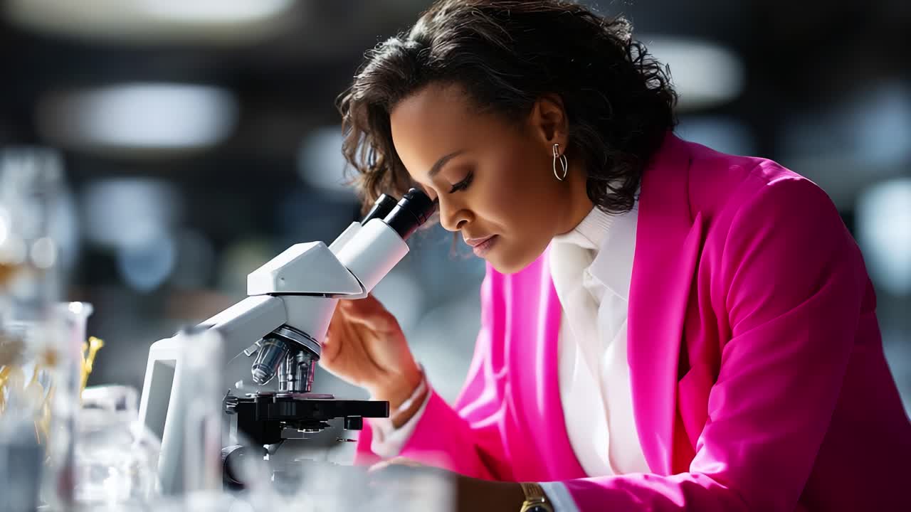 A focused scientist in a vibrant pink suit examines specimens under a microscope in a highly controlled and illuminated lab environment, showcasing dedication to research and precision