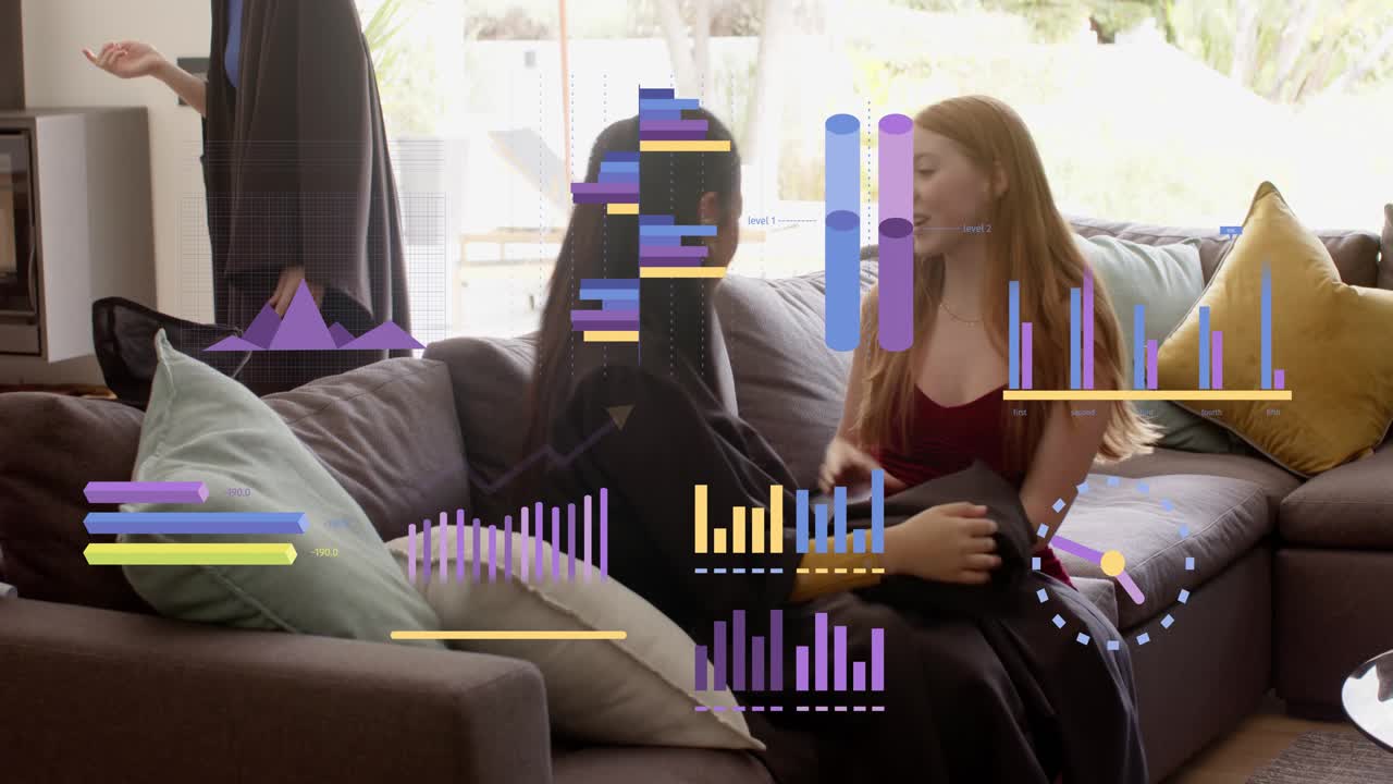 Grads entering, donning caps and gowns, celebrating education while animated charts around diploma