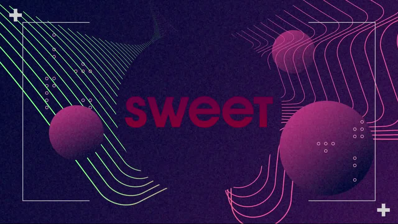 Animation of sweet text over colorful shapes on dark background