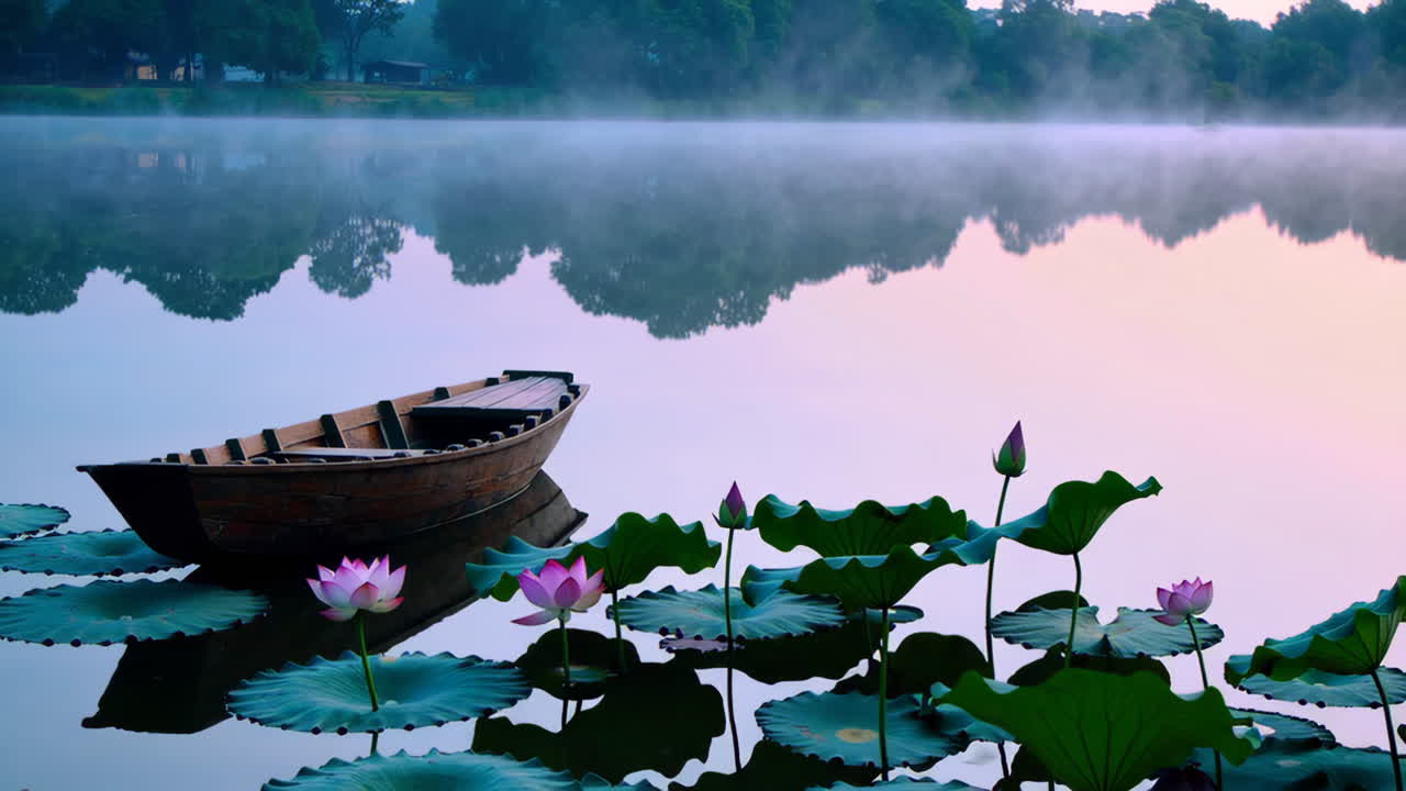 Misty Sunrise over a Lotus Pond with a Wooden Boat