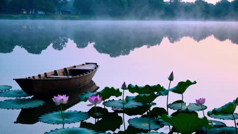 misty sunrise over a lotus pond with a wooden boat