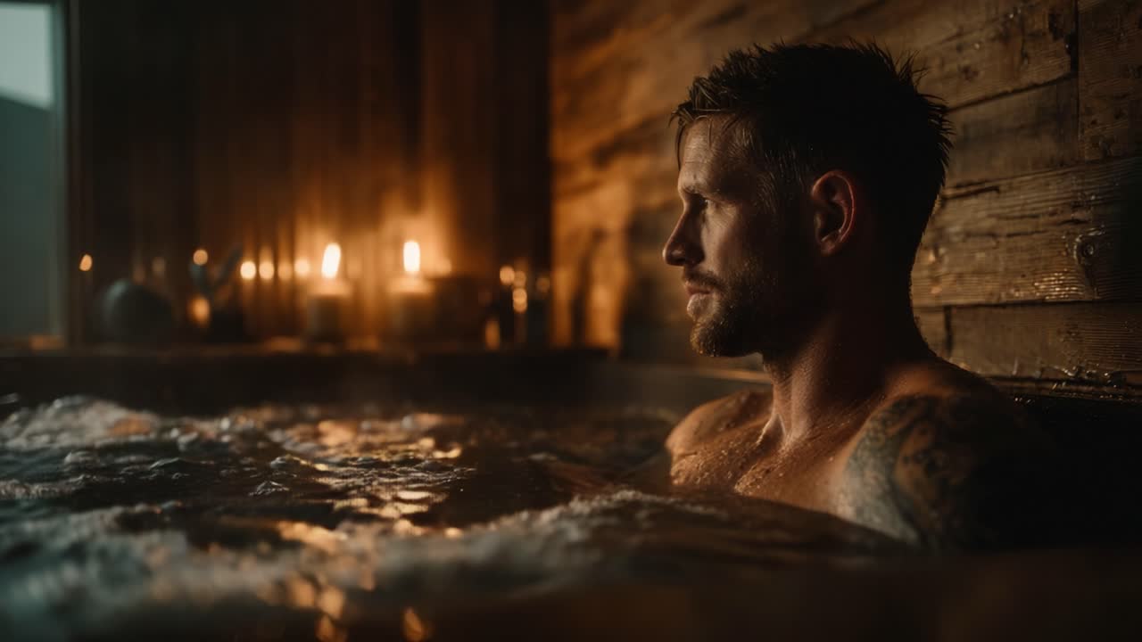 A Moment of Serenity: Capturing a Man's Contemplative Expression While Relaxing in a Warm Bath Surrounded by Soft Candlelight and Rustic Ambiance