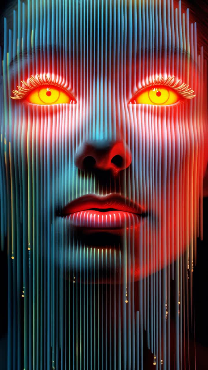 Futuristic video concept with a close-up angle of a face, glowing eyes, and vertical neon lines
