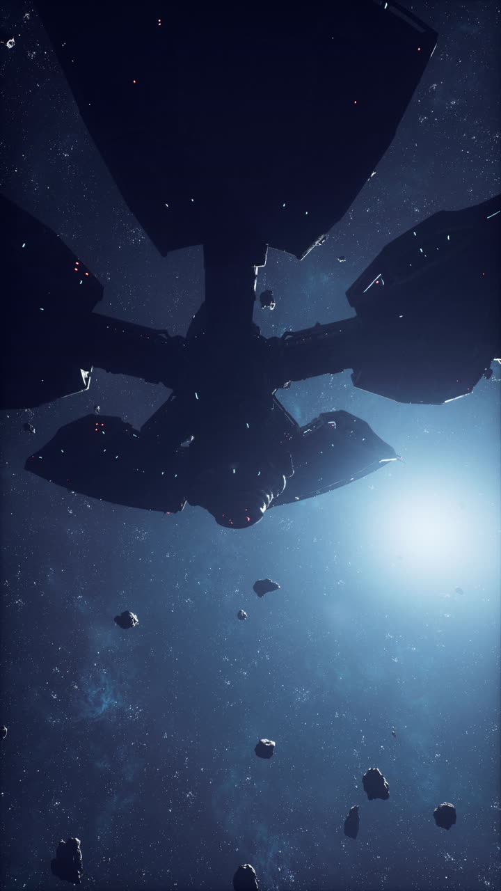 una enorme nave espacial navega a través de un campo de asteroides en el espacio profundo