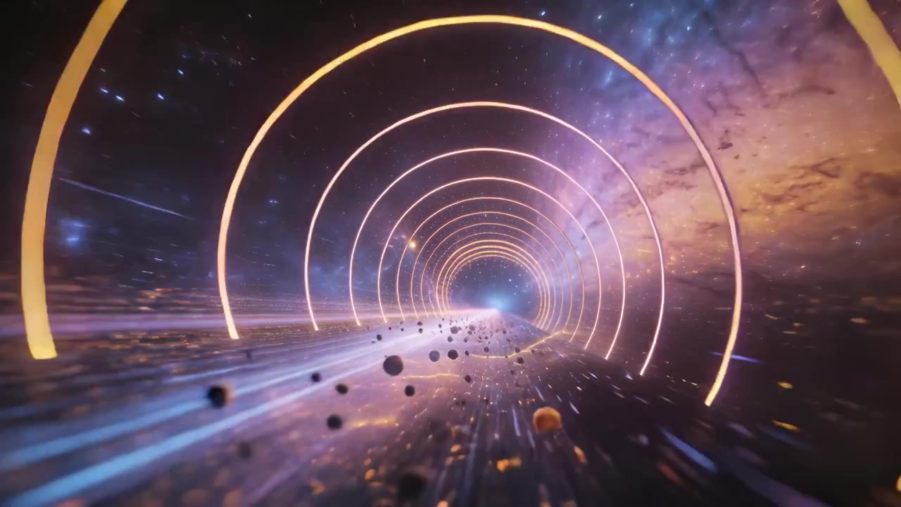 Moving camera showing ring tunnel carrying debris, particles through nebula to reach bright portal
