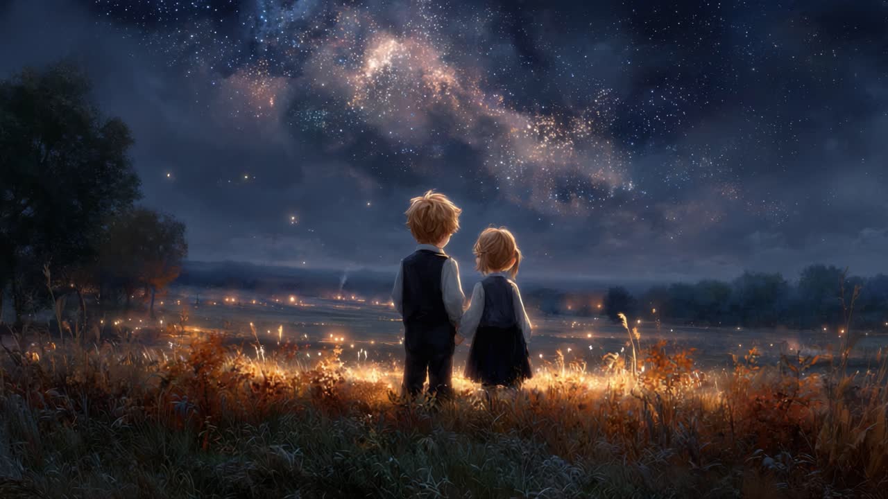 A Touching Moment Under the Starry Sky: Two Children Stand Together Hand in Hand, Awed by the Beautiful Cosmic Display Above in a Magical Night Setting
