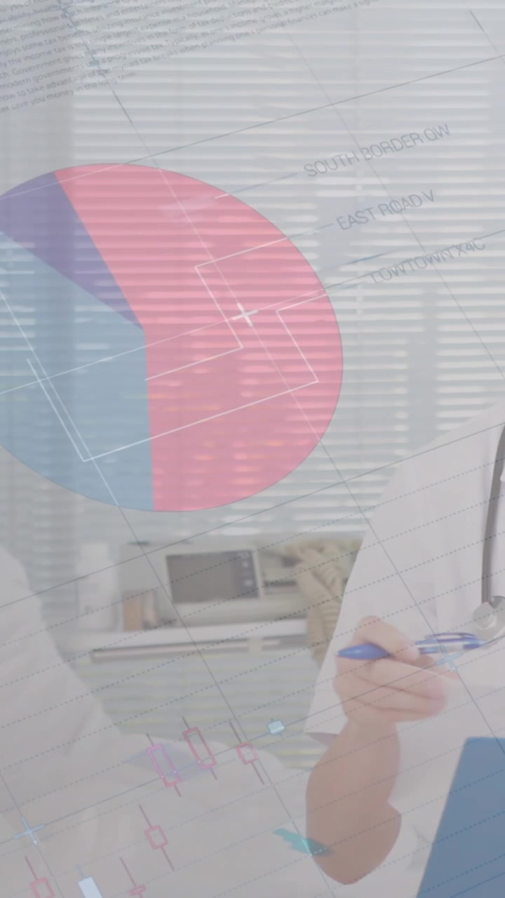 Animation of data processing over caucasian female doctor writing