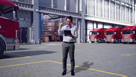 full body of an asian male professional worker standing with his tablet, outside of logistics distributions warehouse, he raises his fist up with screaming goal after typed on the tablet