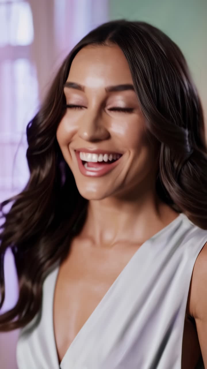 Woman in a white dress, smiling