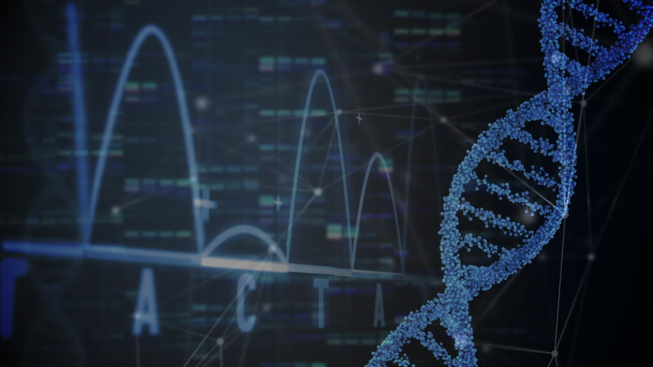 파란색 배경에 과학적 데이터 처리 위에 회전하는 dna 가닥의 애니메이션