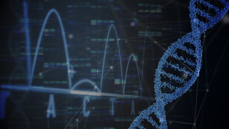 Animation of dna strand spinning over scientific data processing on blue background