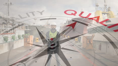 animation of compass with arrow pointing to quality text over caucasian male worker at docks