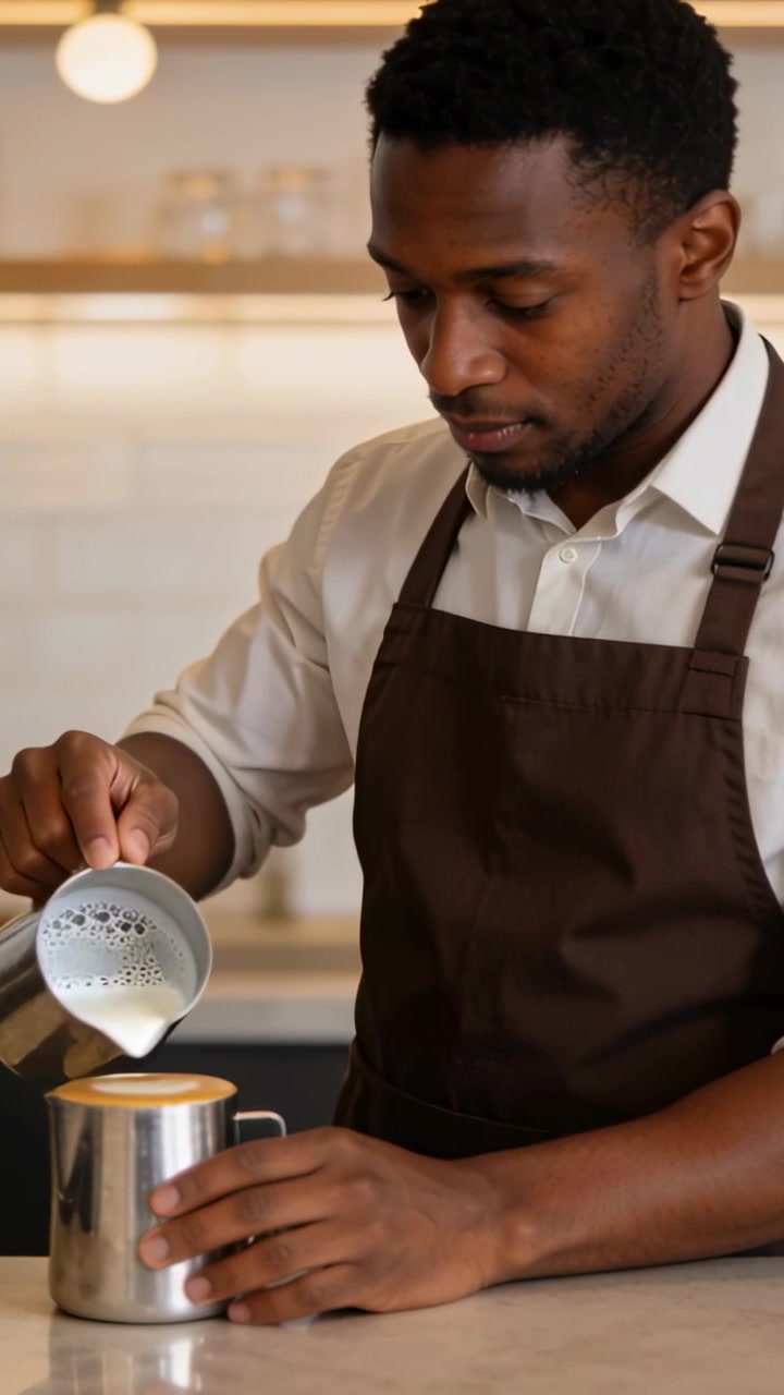 Vertical video: Tilting metal pitcher at cafe, aproned barista pouring milk into cup for latte art