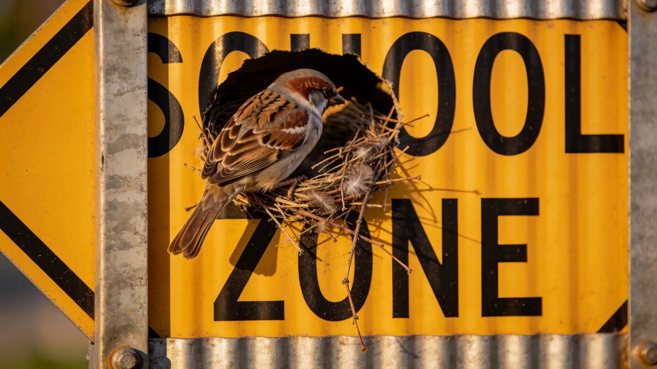 Landing sparrow inserting grasses into yellow SCHOOL ZONE sign hole, tucking fibers to build nest