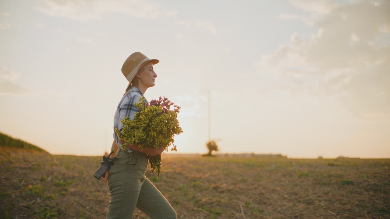 женщина-фермер идет по полю на закате с букетом цветов