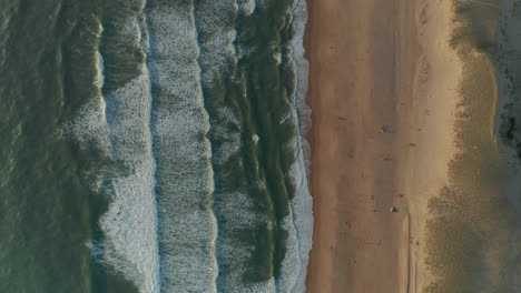 Beach-with-Sand-Dunes-and-Blue-Ocean-Waves-crashing-against-Shore-line,-Aerial-Birds-Eye-Top-Shot,-slow-forward