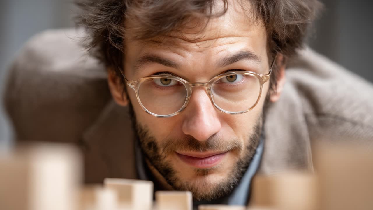 Focused Individual Analyzing Wooden Blocks with an Intent Gaze, Showcasing Concentration and Engagement in a Creative Environment