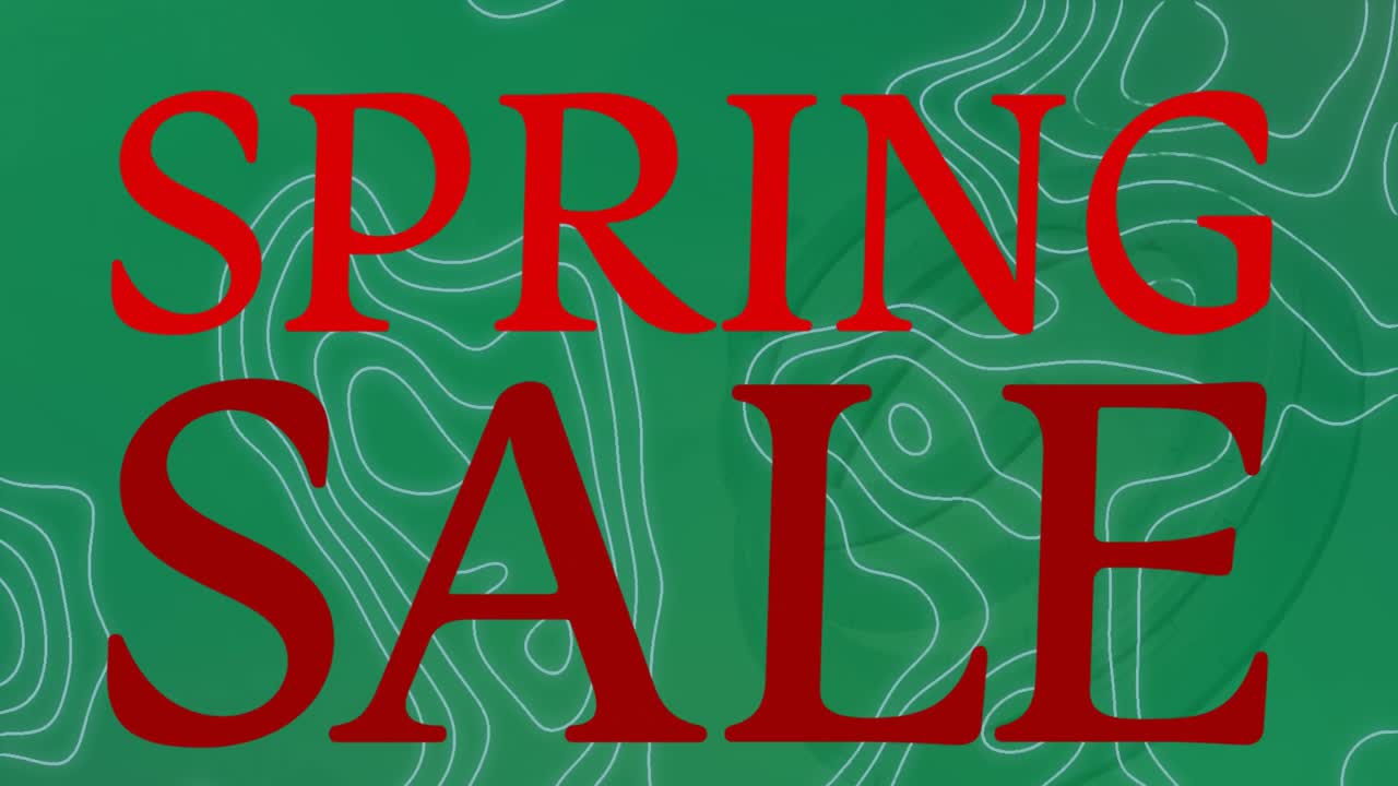 animación del texto de la venta de primavera en letras rojas sobre líneas de mapa blancas en el fondo.