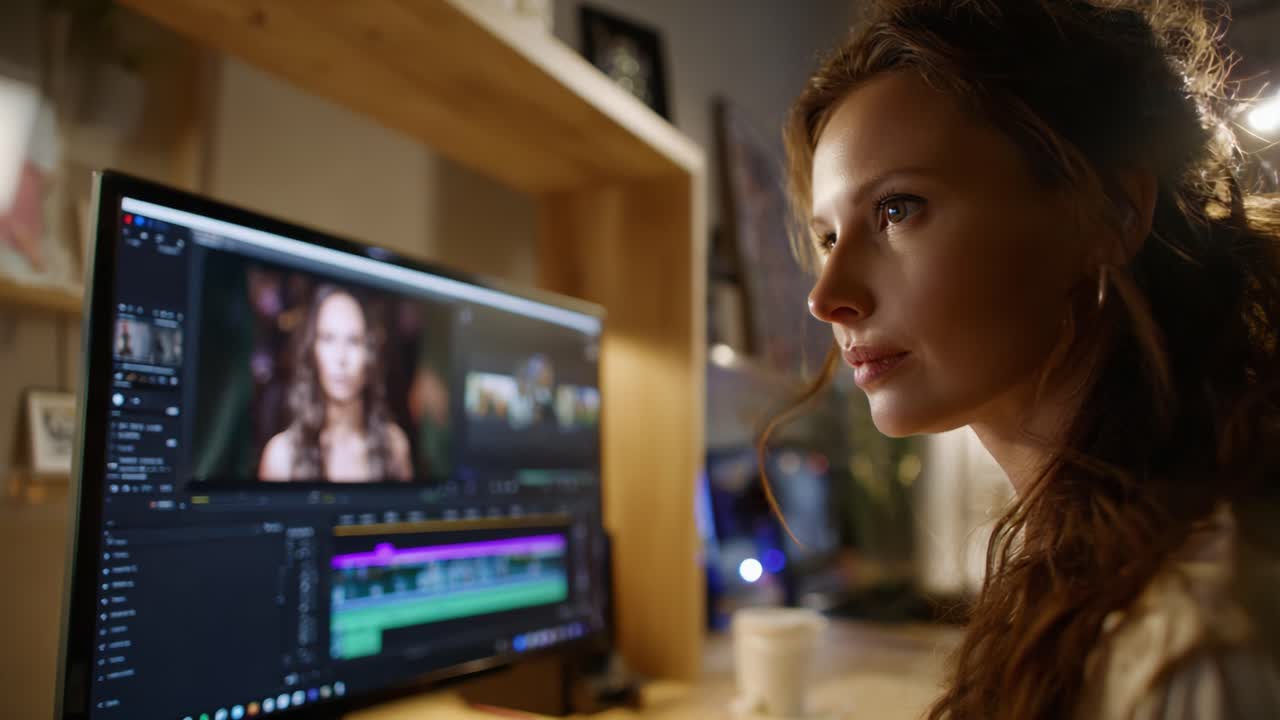 Focused Woman Editing Video Content on Computer Screen in a Cozy Workspace with Soft Lighting and a Cup of Coffee Nearby, Capturing the Creative Process