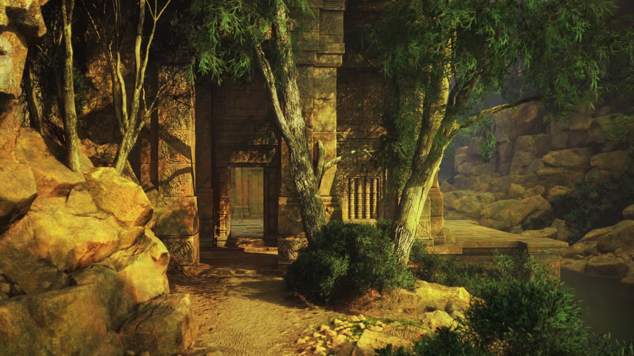 Gamle ruiner i en frodig jungle