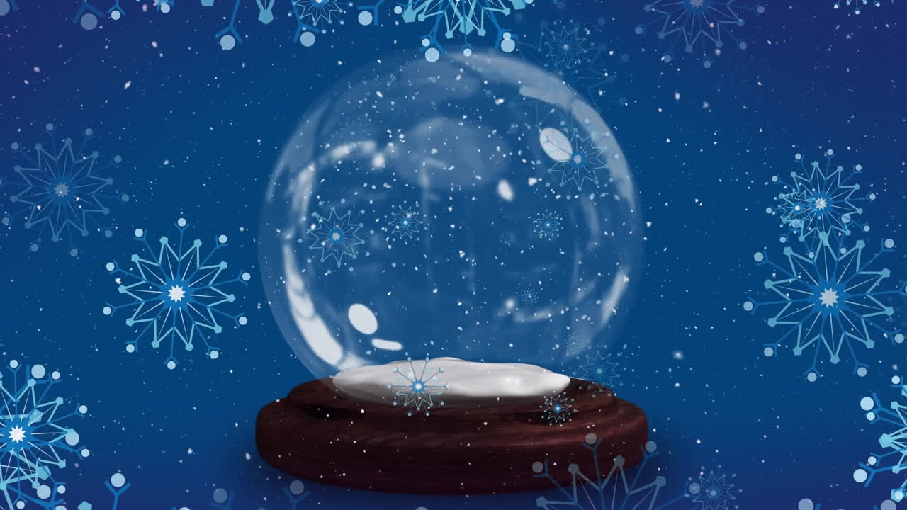 크리스마스 스노우플레이크가 파란색 배경에 있는 스노우글로브 위에 떨어지는 애니메이션
