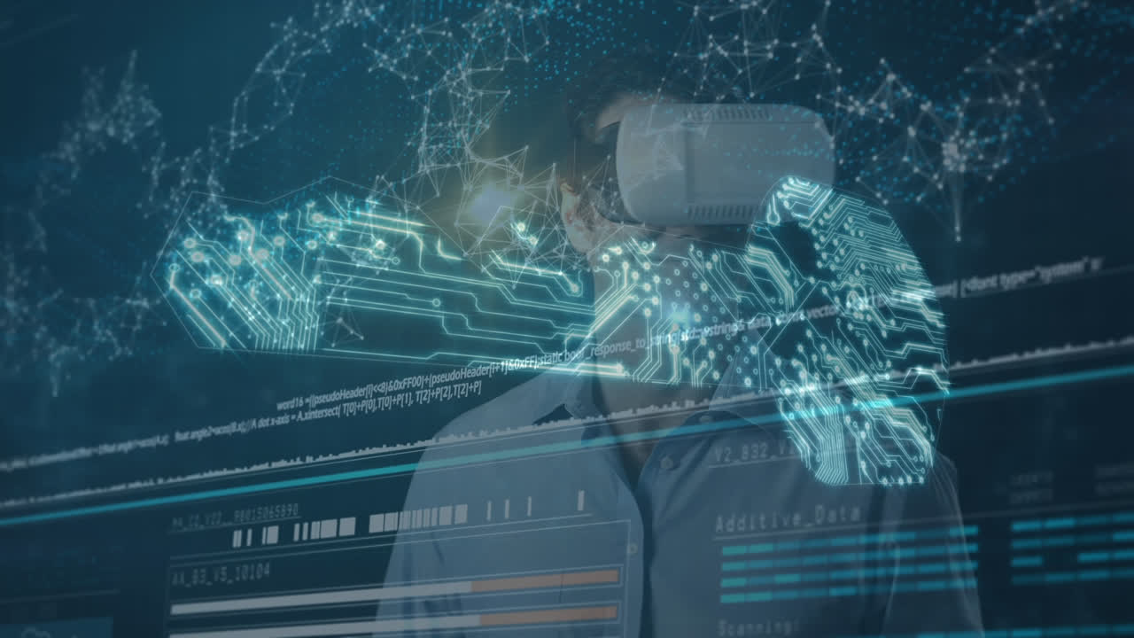 Animation of financial data processing over businessman wearing vr headsets