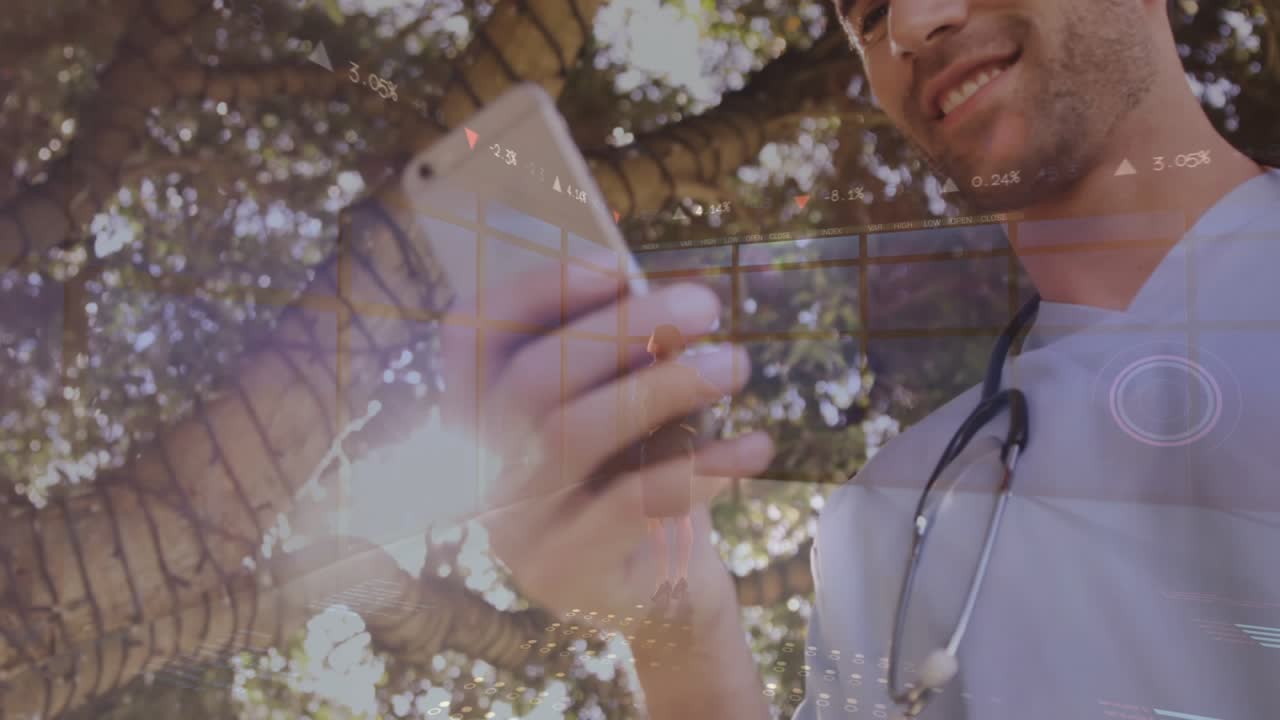 Doctor tapping smartphone under tree, viewing HUD charts and checking patient data with stethoscope